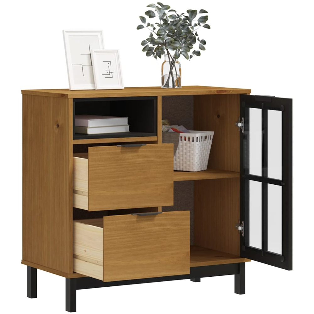 vidaXL Flam Single Glass Door 2 Drawer Single Shelf Solid Pine Wood Sideboard Image 3