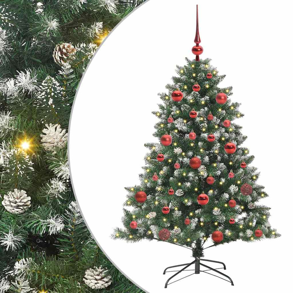vidaXL Pre-Lit Red Baubles Green Artificial Snow Tipped Christmas Tree 5ft Image 2