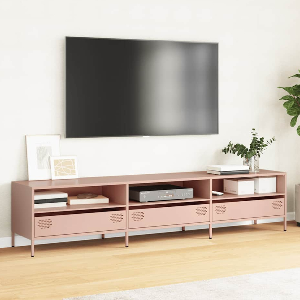 vidaXL 3 Drawer 3 Shelf Pink Steel Wide TV Cabinet Image 1