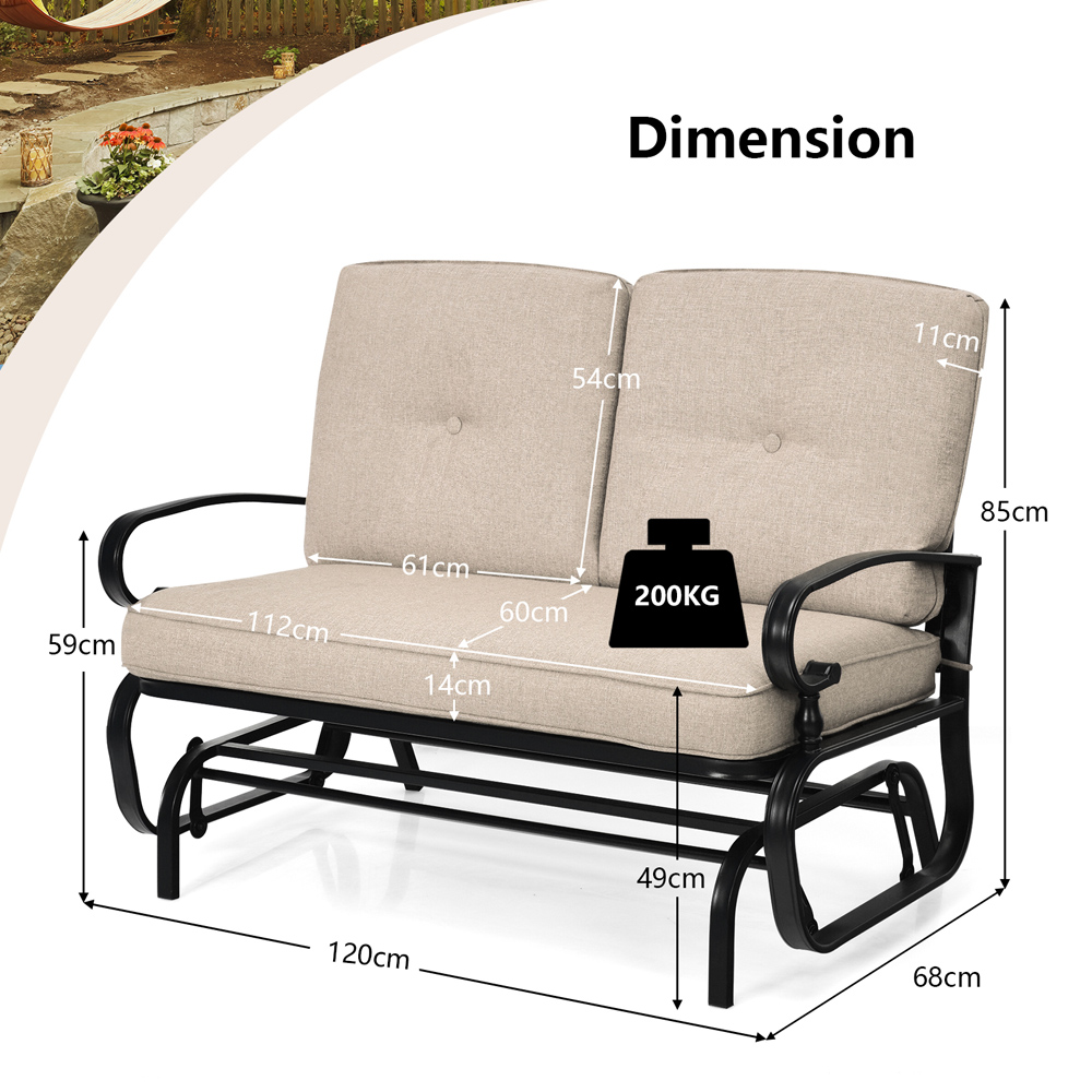 Costway 2 Seater Beige Patio Glider Chair with Cushions Image 9