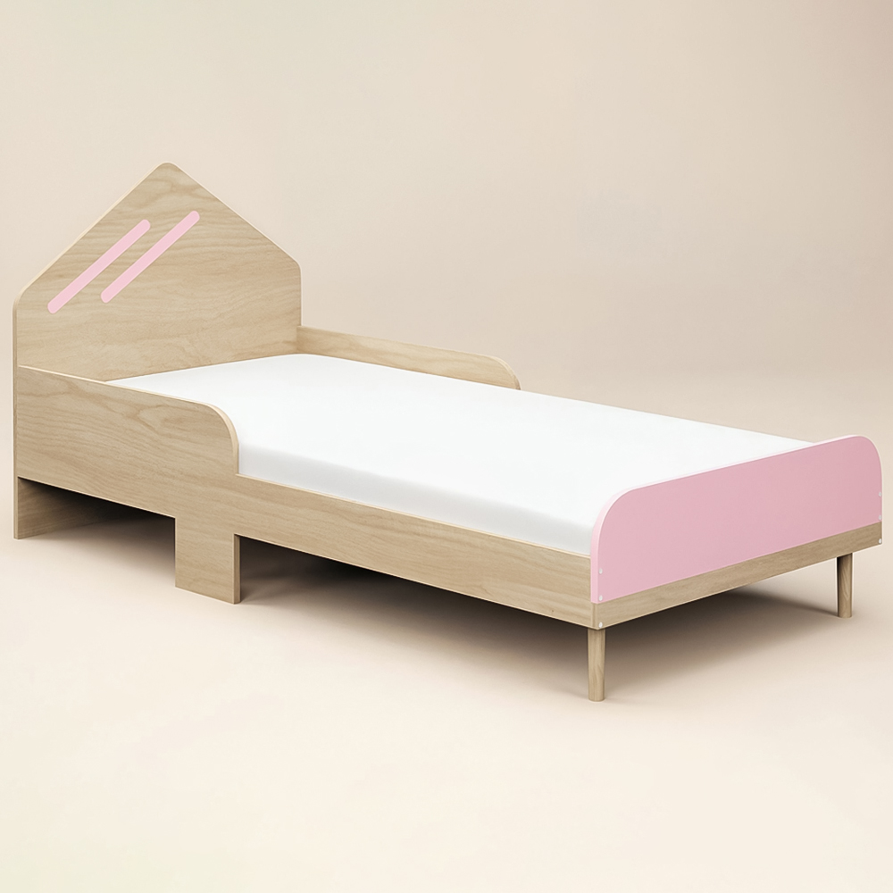 Flair Noah Single Oak and Pink Bed with House-Shaped Headboard Image 2
