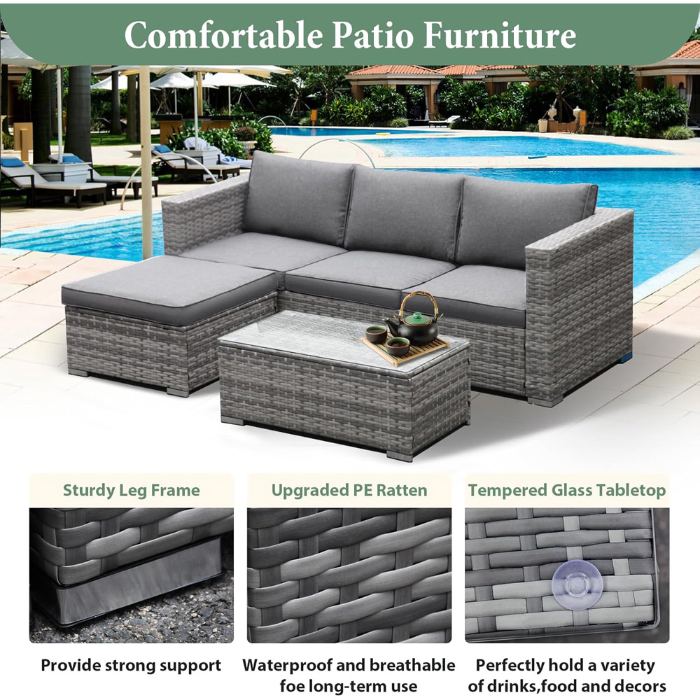 Willowmare 4 Seater Grey Rattan Garden Corner Sofa Set Image 5
