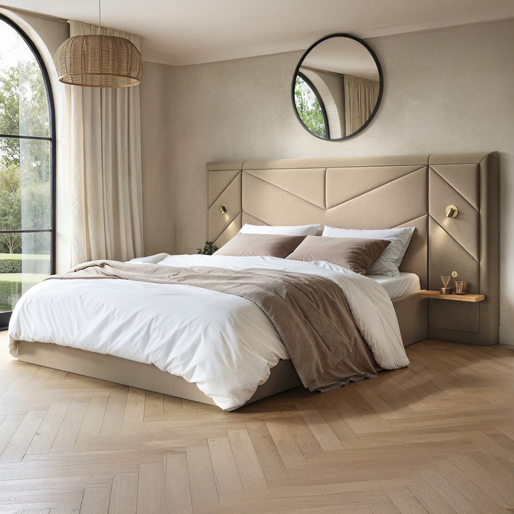 Flair Alice King Size Beige Velvet Hotel Ottoman Bed with Light Image 1