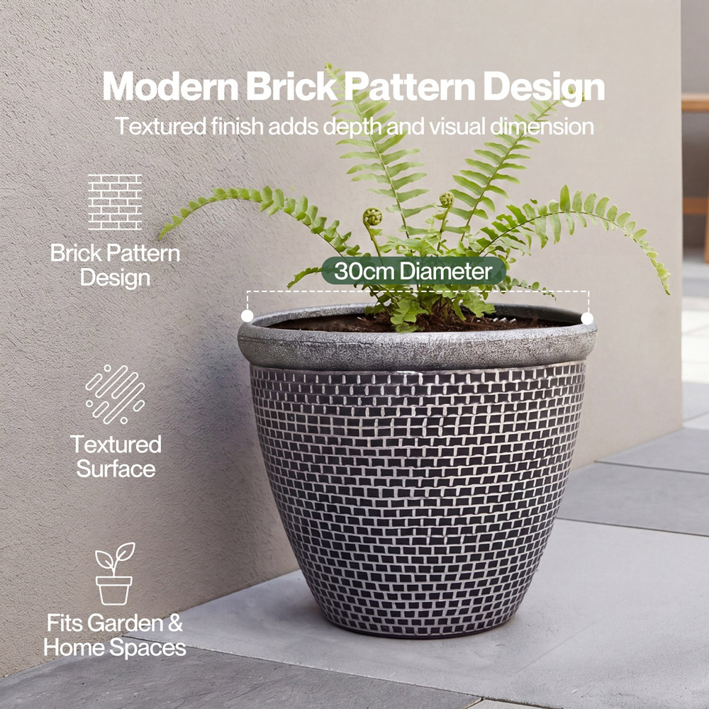 TOQUE Black Antique and Silver Effect Plastic Garden Plant Pot with Drainage Holes 30cm 2 Pack Image 5