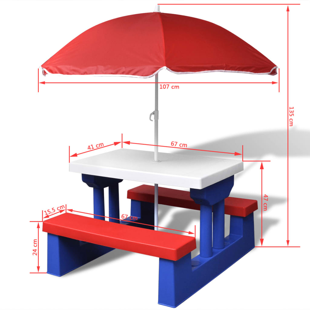 vidaXL Multicolour Kids 4 Seater Picnic Table with Bench and Parasol Image 6