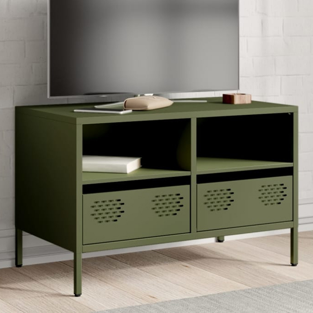vidaXL 2 Drawer 2 Shelf Olive Green Steel Industrial Style TV Cabinet Image 1