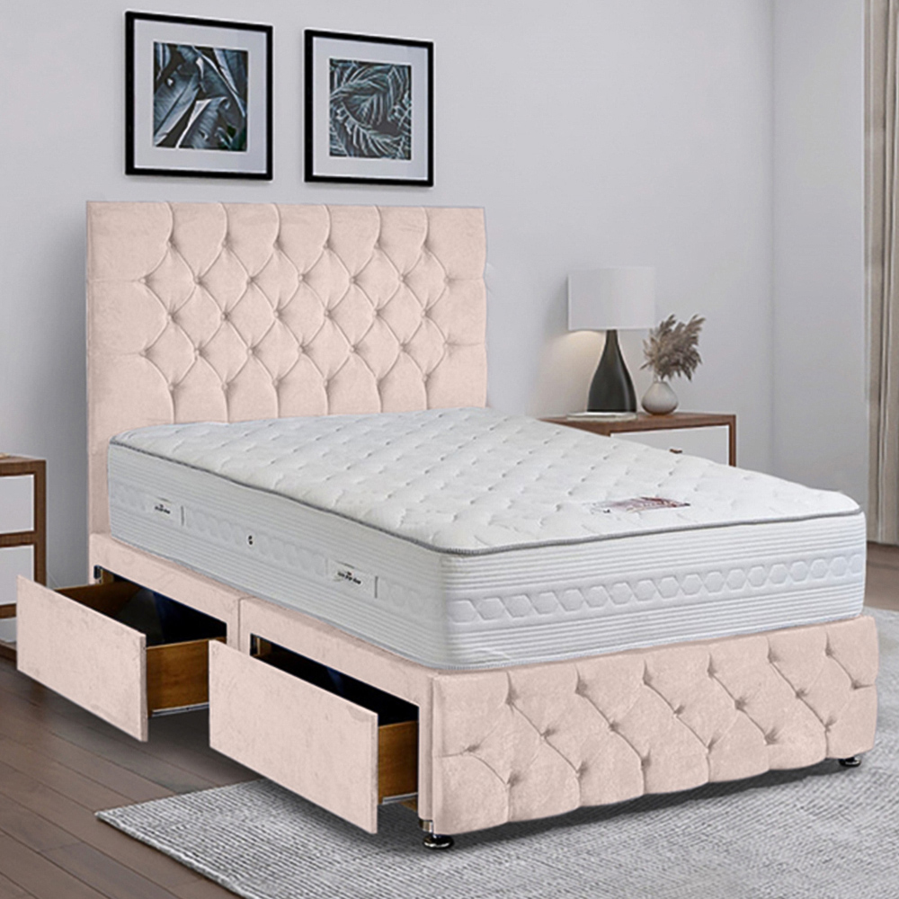 Eleganza Home Comfyzone Super King Size Blush Plush Velvet Divan Bed with Chesterfield Headboard Image 1