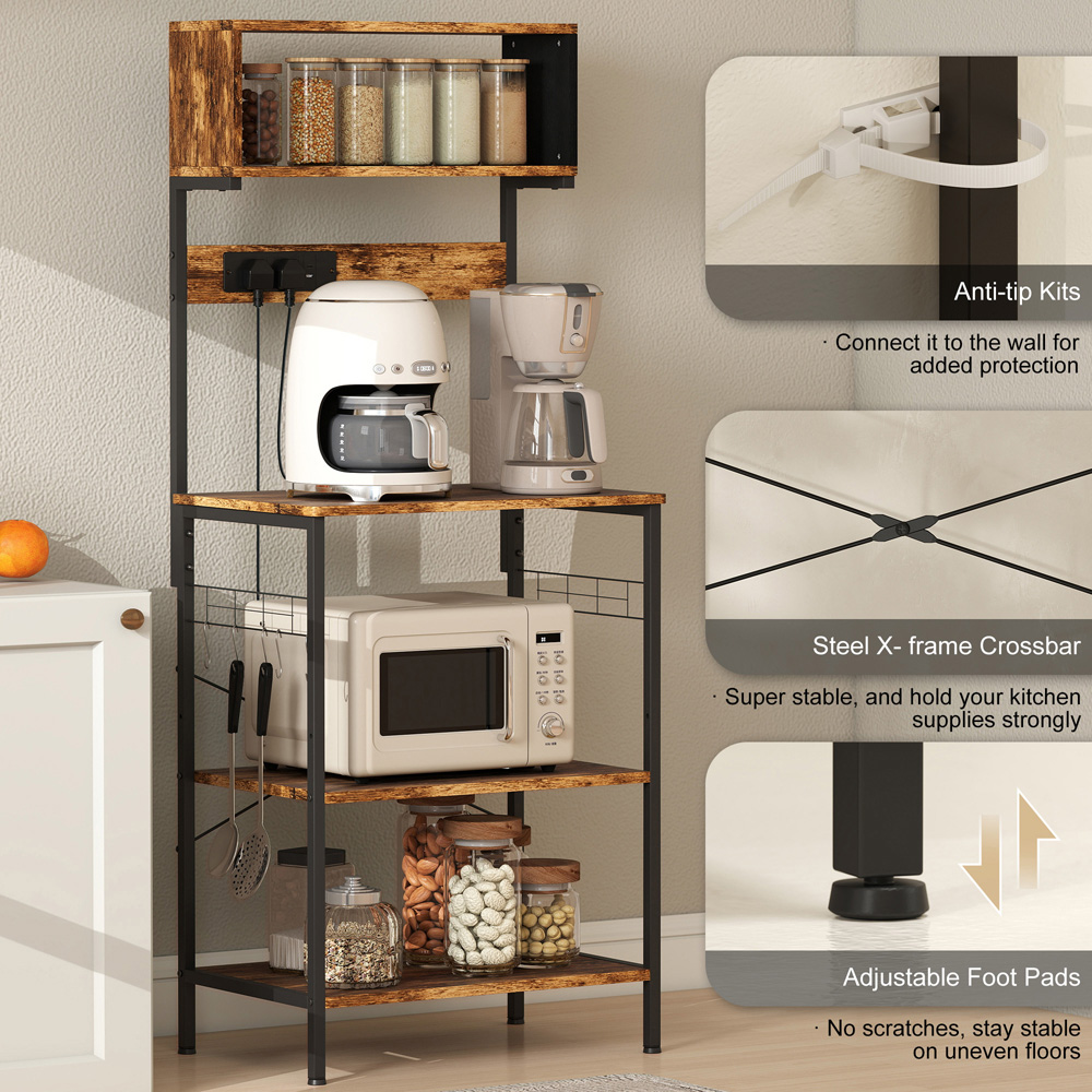 Portland 4 Shelf Brown Bakers Rack with Power Outlet Image 7