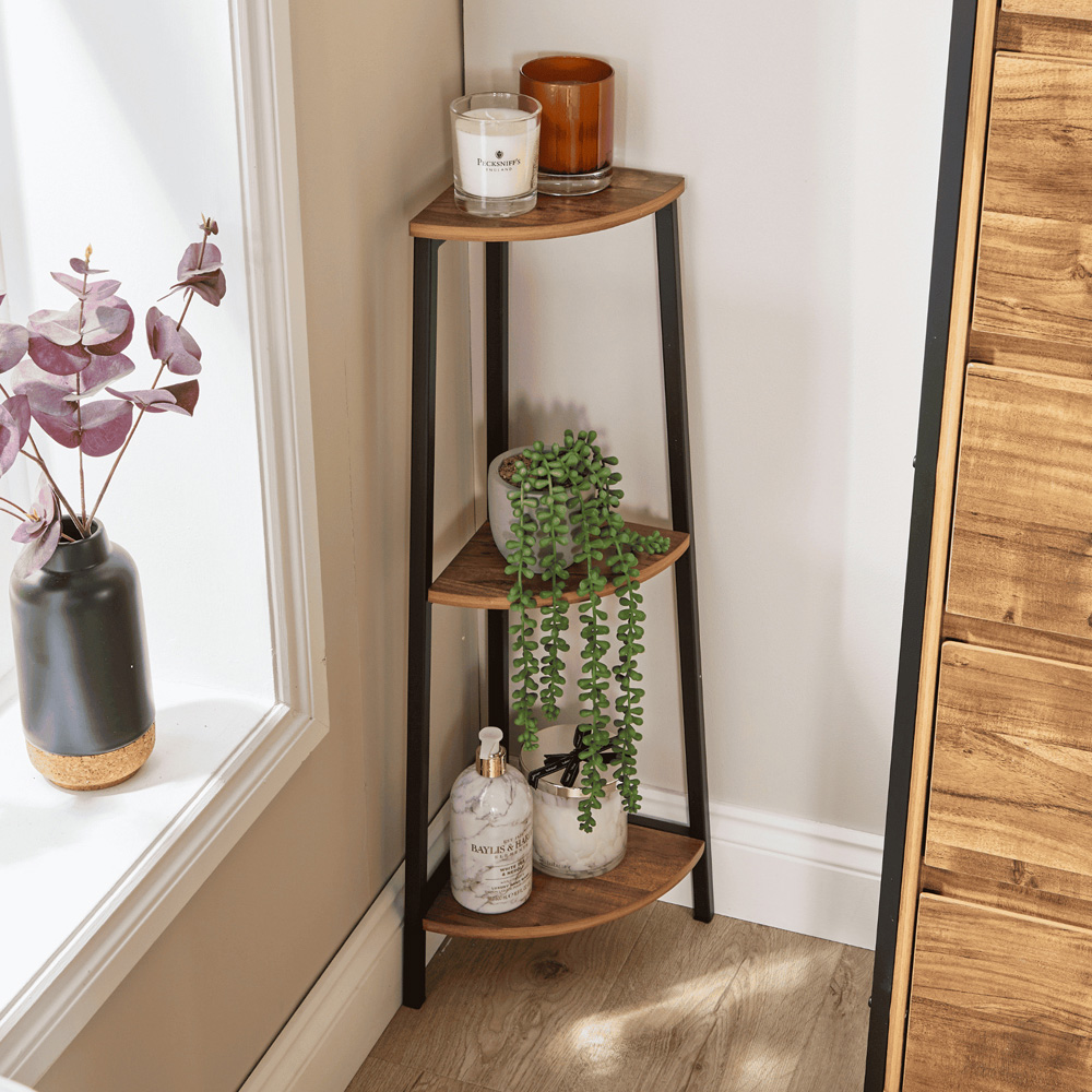 Home Source Locastra 3 Shelf Oak and Black Corner Bathroom Storage Unit Image 3