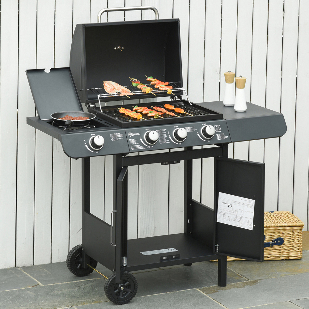 Outsunny Deluxe Black 3 Burner Gas BBQ Grill with Side Burner Image 2