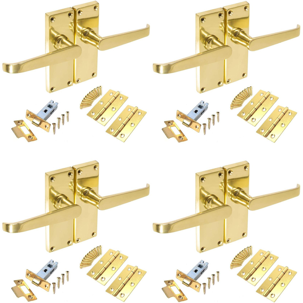 Golden Grace Victorian Straight Polished Brass Lever Latch Door Handles Set 4 Pack Image 1