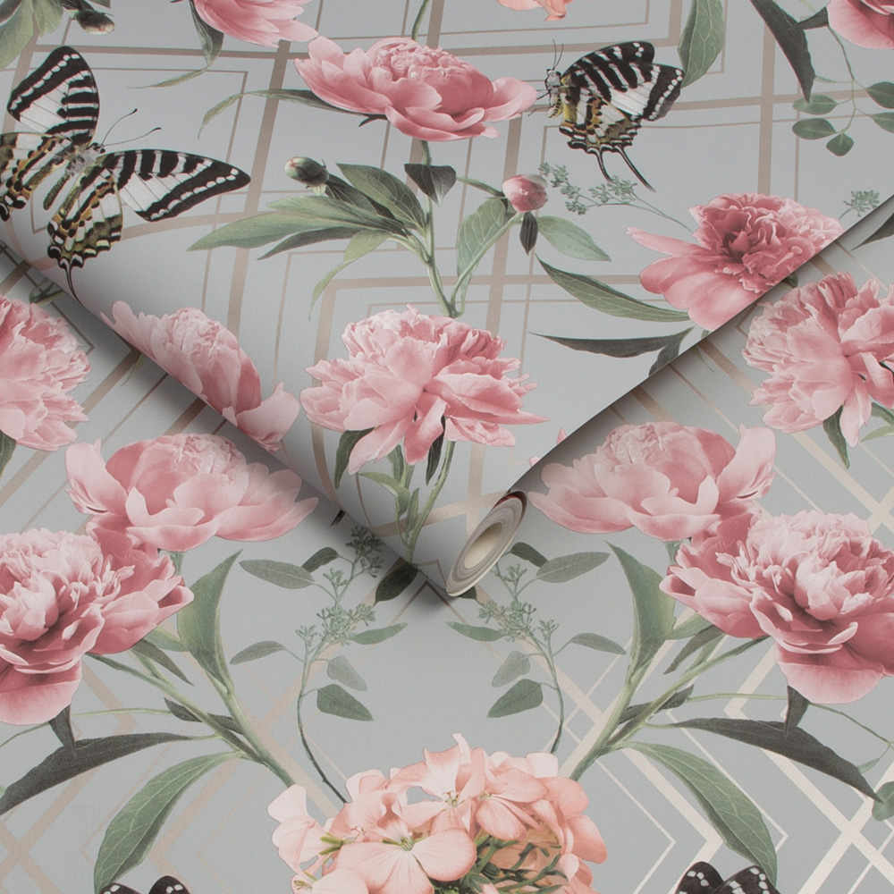 Fresco Botanical Trellis Grey and Pink Wallpaper Image 2