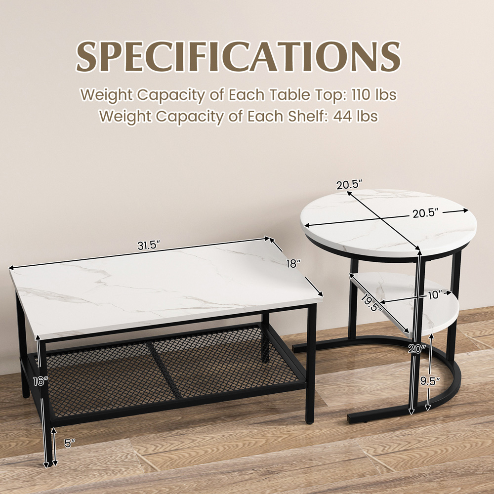 Costway Single Shelf White and Black Nest of Tables Set of 2 Image 9