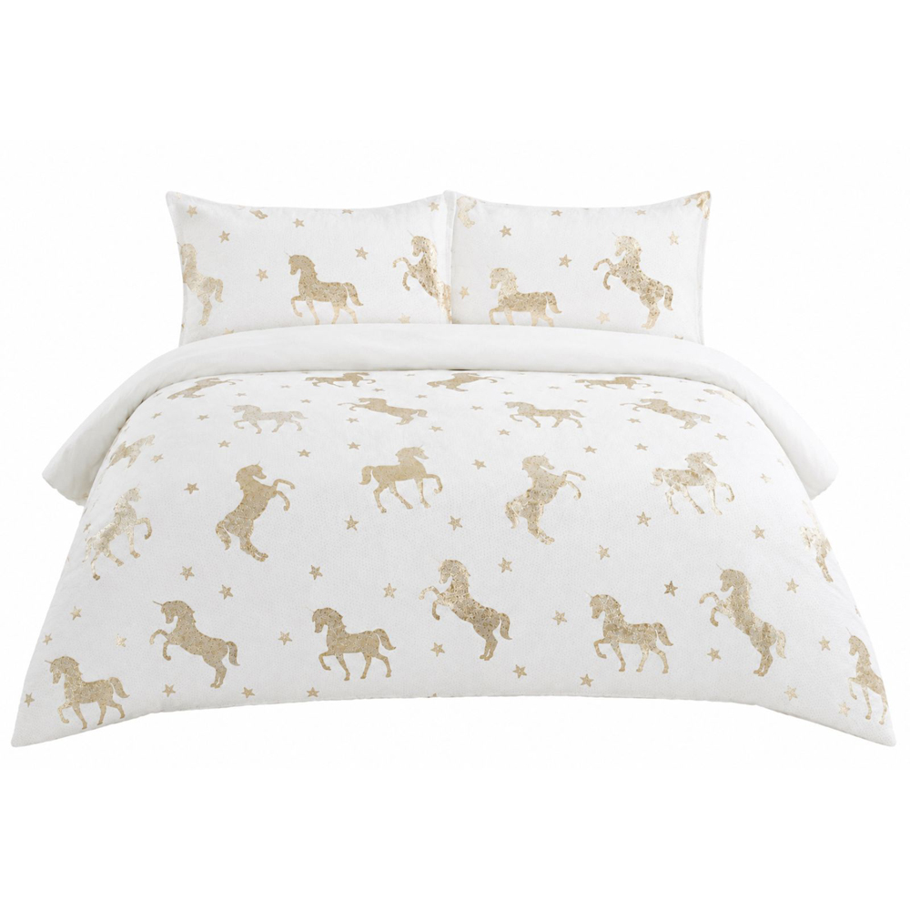 Smart Living Single Ivory Foil Flannel Fleece Unicorn Duvet Set Image 2