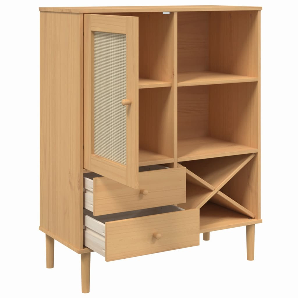vidaXL Senja Single Door 2 Drawer 6 Shelf Brown Solid Pine Wood Rattan Look Highboard Image 6