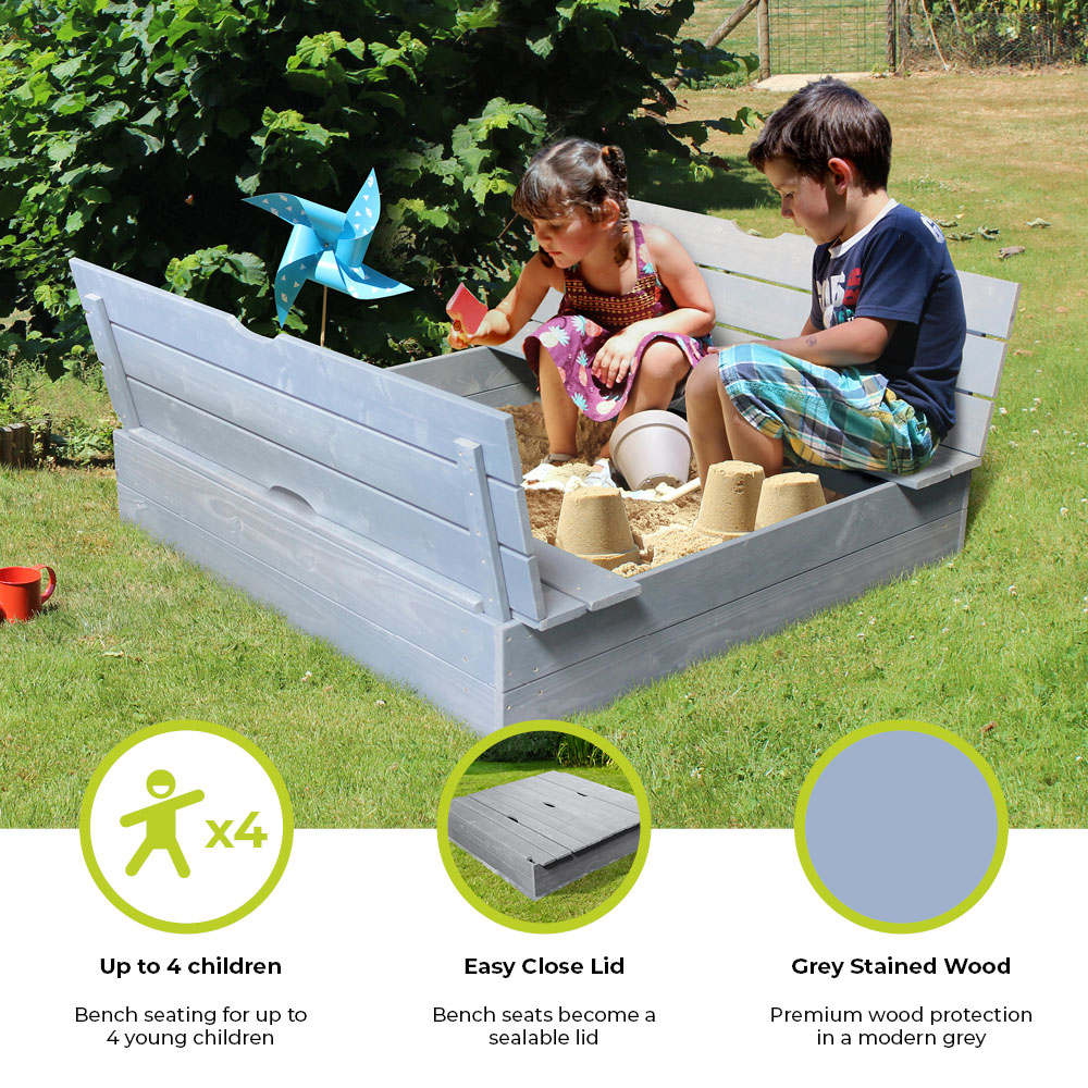 Soulet Kids Grey Wooden Sand Pit with 2 Foldable Benches and Ground Sheet Image 8
