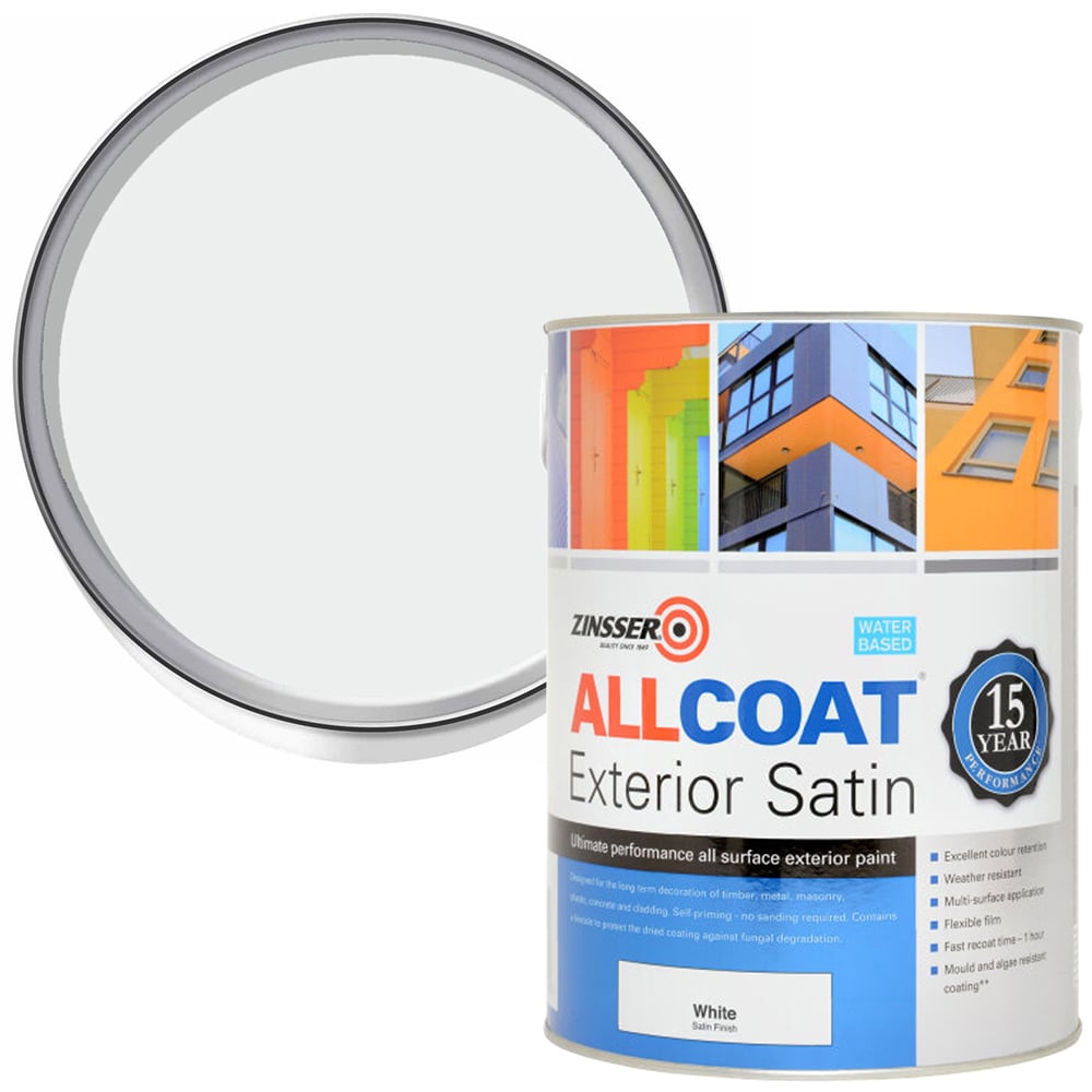 Zinsser Allcoat White Water Based Exterior Satin Paint 5L Image 1
