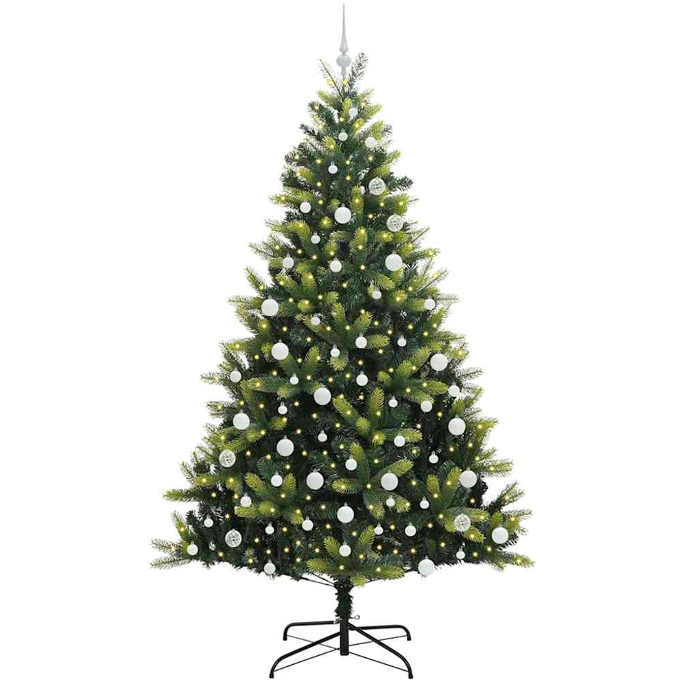 vidaXL Pre-Lit White Baubles Green Artificial Hinged Christmas Tree 7ft Image 1