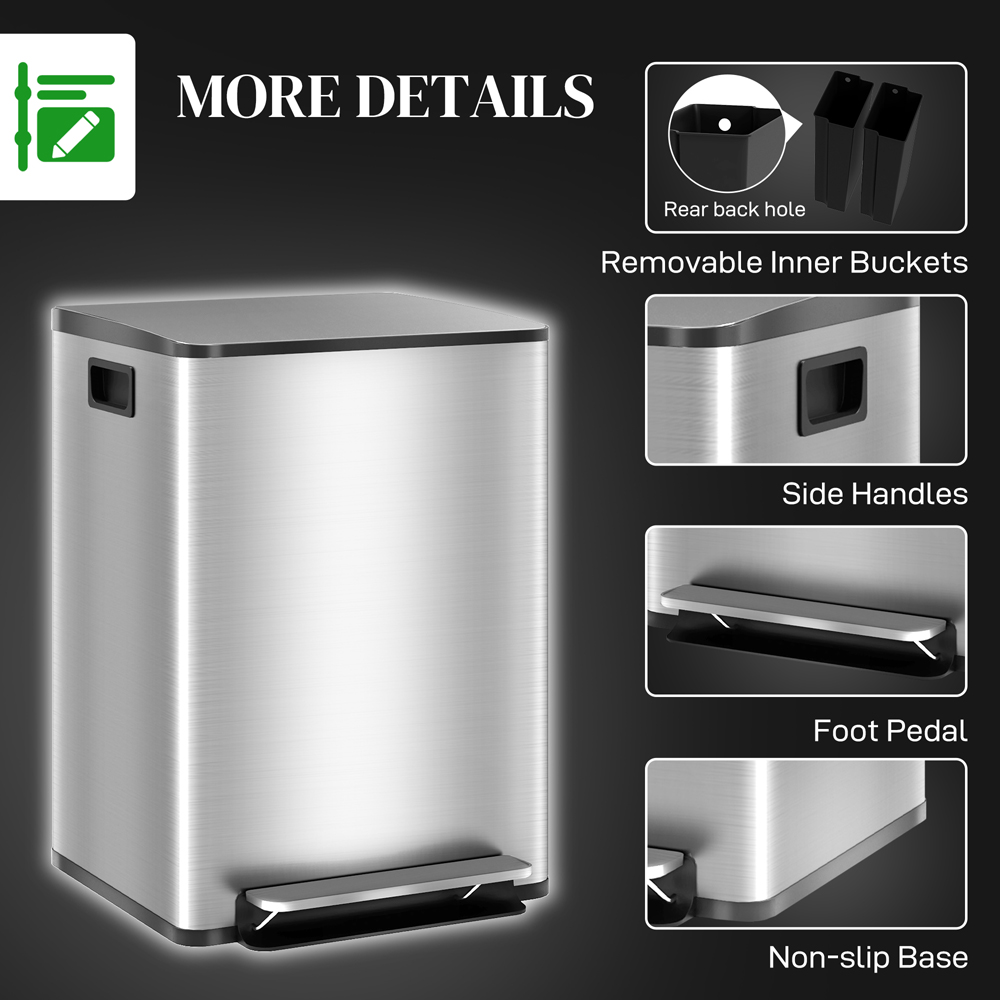 HOMCOM 40L Silver Tone Double Kitchen Pedal Bin with Soft-Close Lid Image 7