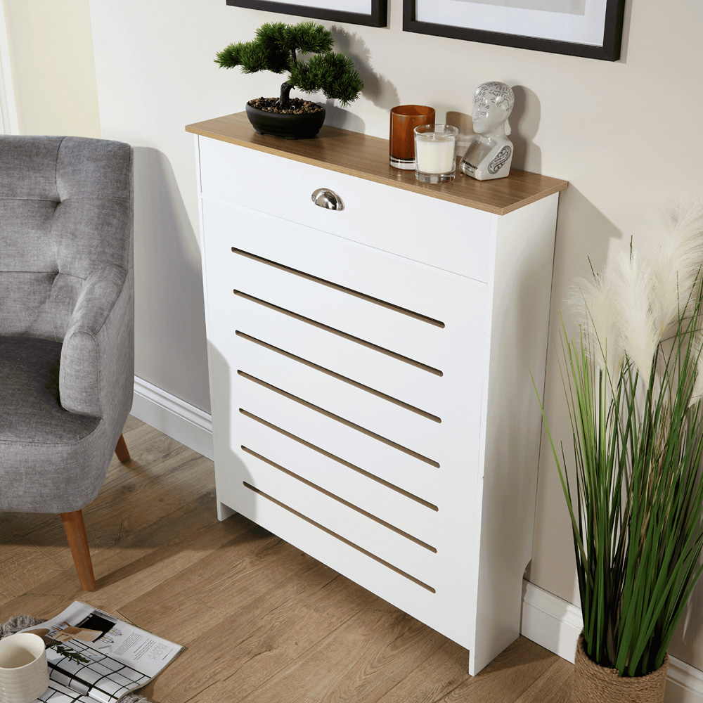 Home Source Batley Single Drawer White and Oak Horizontal Slat Radiator Cover Small Image 6