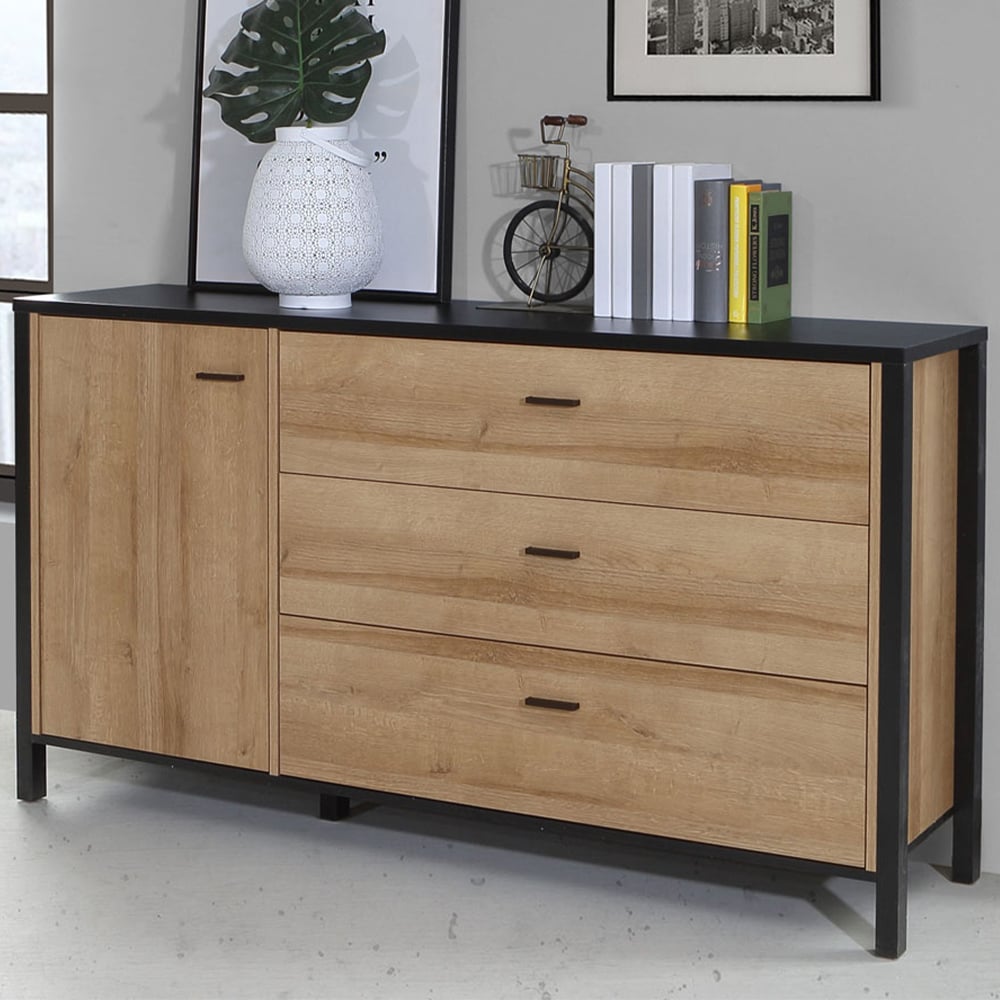 Florence High Rock Single Door 3 Drawer Matt Black and Riviera Oak Sideboard Image 1