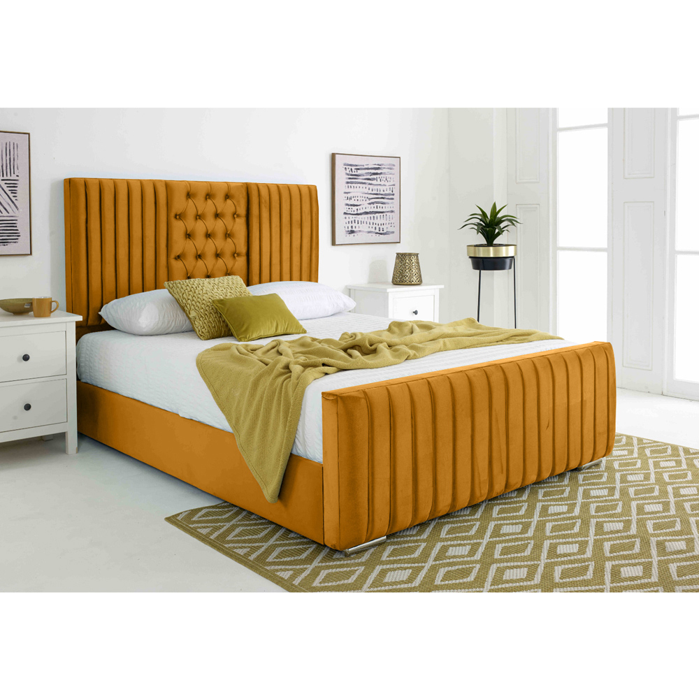 Eleganza Gracie Double Mustard Plush Velvet Bed Frame with Lined Headboard Image 3