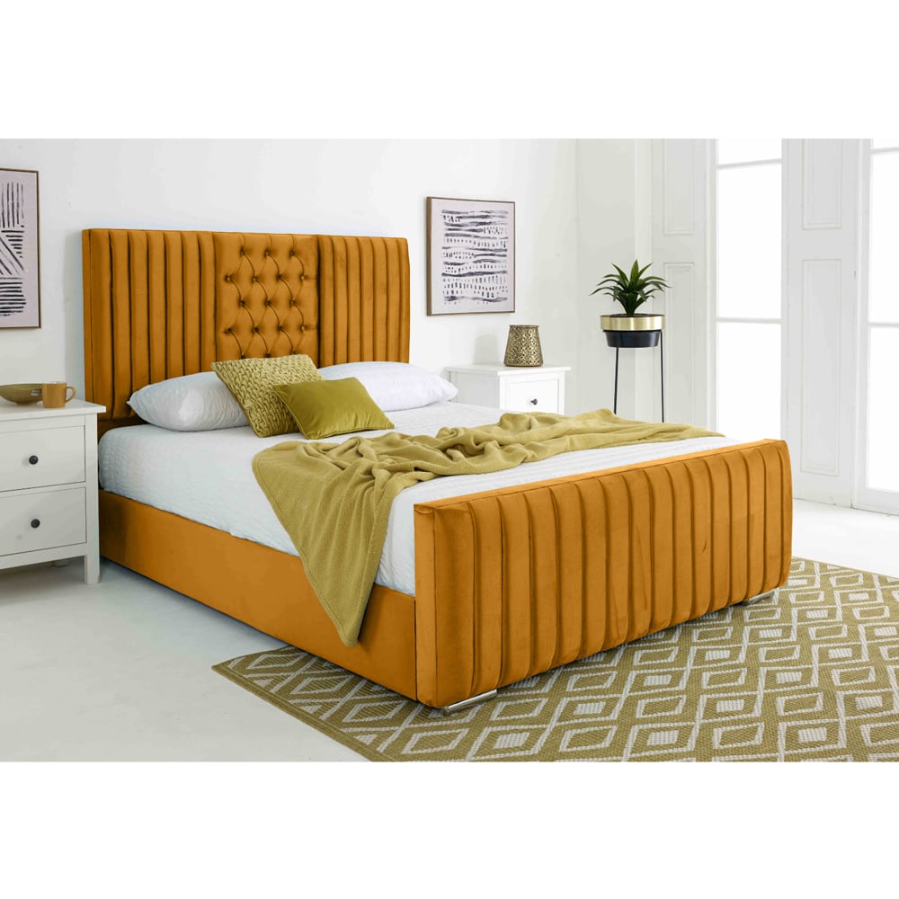 Eleganza Gracie King Size Mustard Plush Velvet Bed Frame with Lined Headboard Image 3