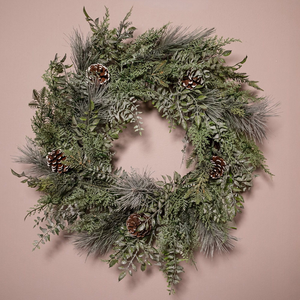 The Christmas Centre 50 Warm White LED Pre-Lit Winter Woodland Wreath with Pinecones 66cm Image 2
