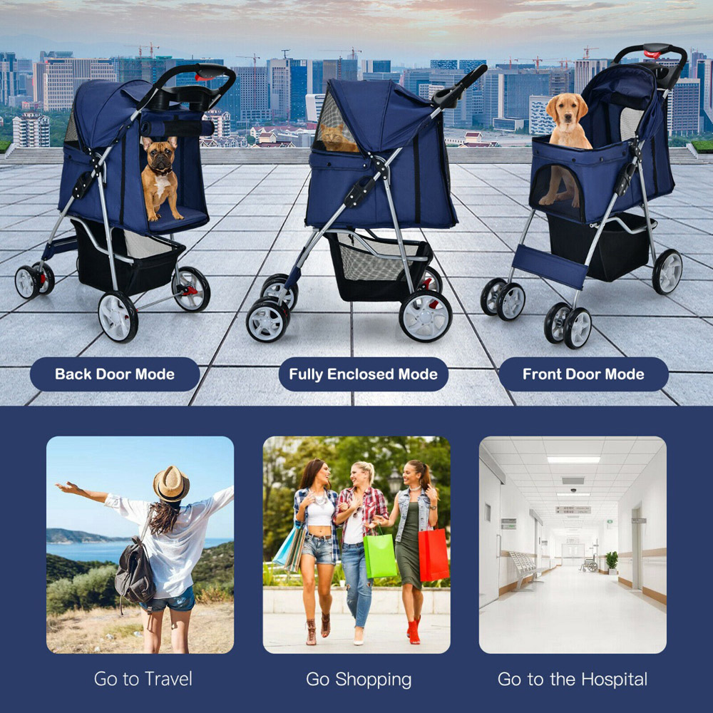 Costway Navy Folding Pet Stroller with Wheels and Canopy Image 5