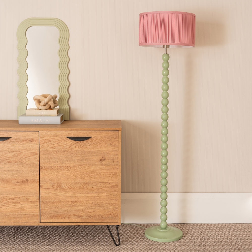 ValueLights Bobbins Ruched Pleated Blush Pink Drum Shade Sage Green LED Floor Lamp Image 3