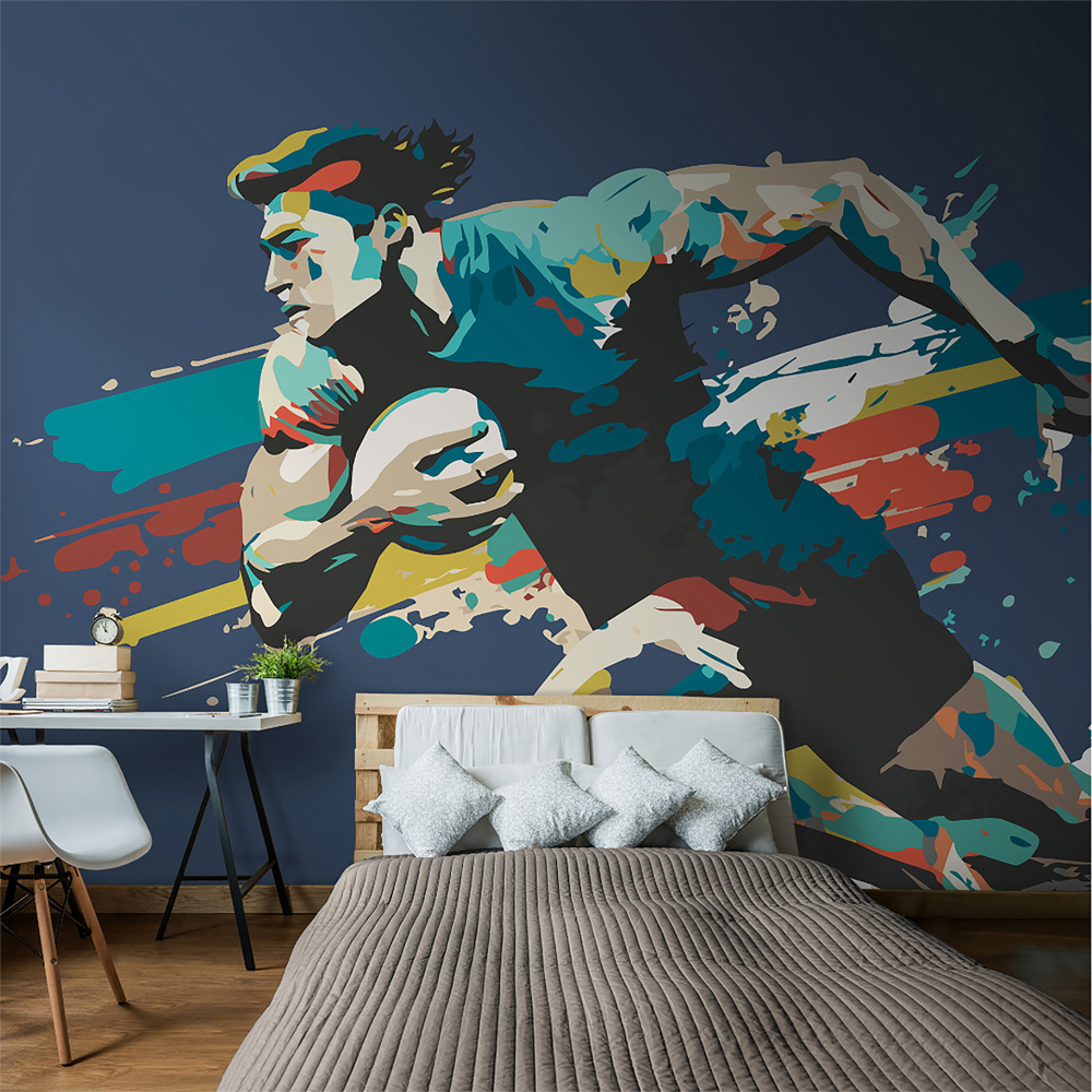 Origin Murals Rugby Player in Graphic Style Blue Wall Mural Image 1