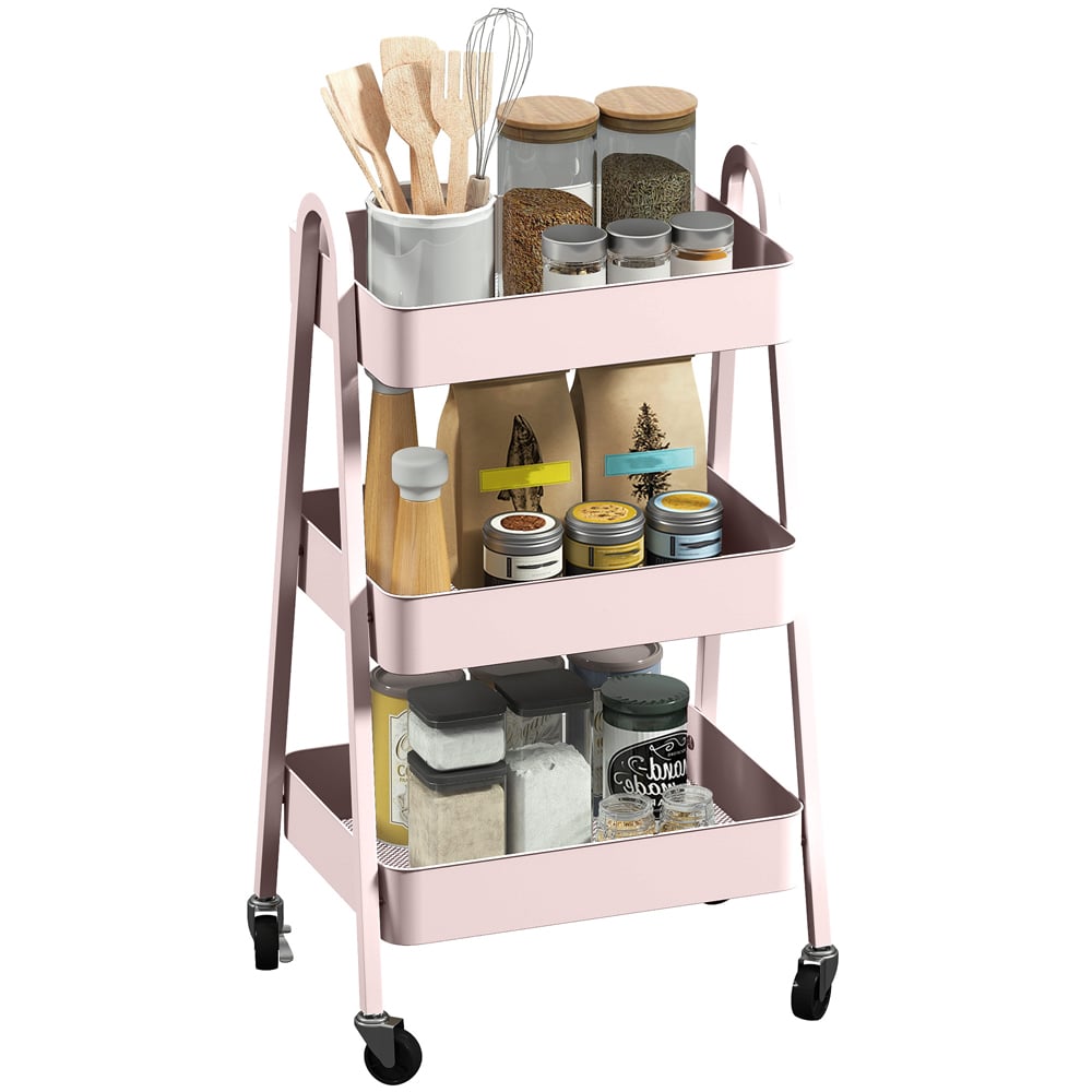 HOMCOM 3-Tier Pink Kitchen Storage Trolley Image 1