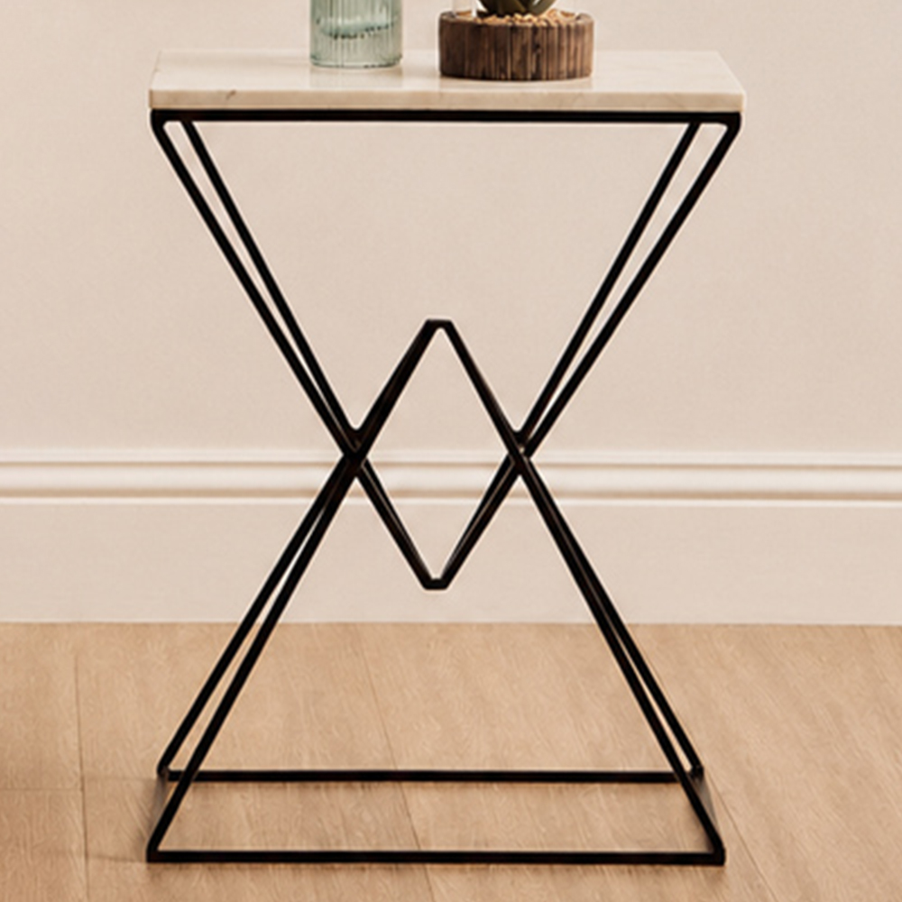 Premier Housewares Shalimar Black Geometric Rectangular Side Table with Marble Top Image 1