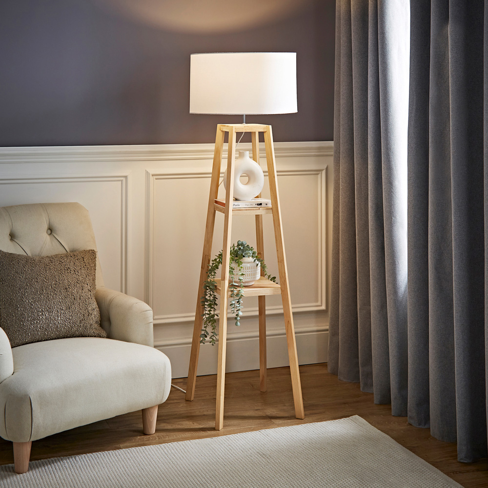 ValueLights Wakefield White Fabric Shade Quad Base LED Floor Lamp with 2 Shelves Image 2