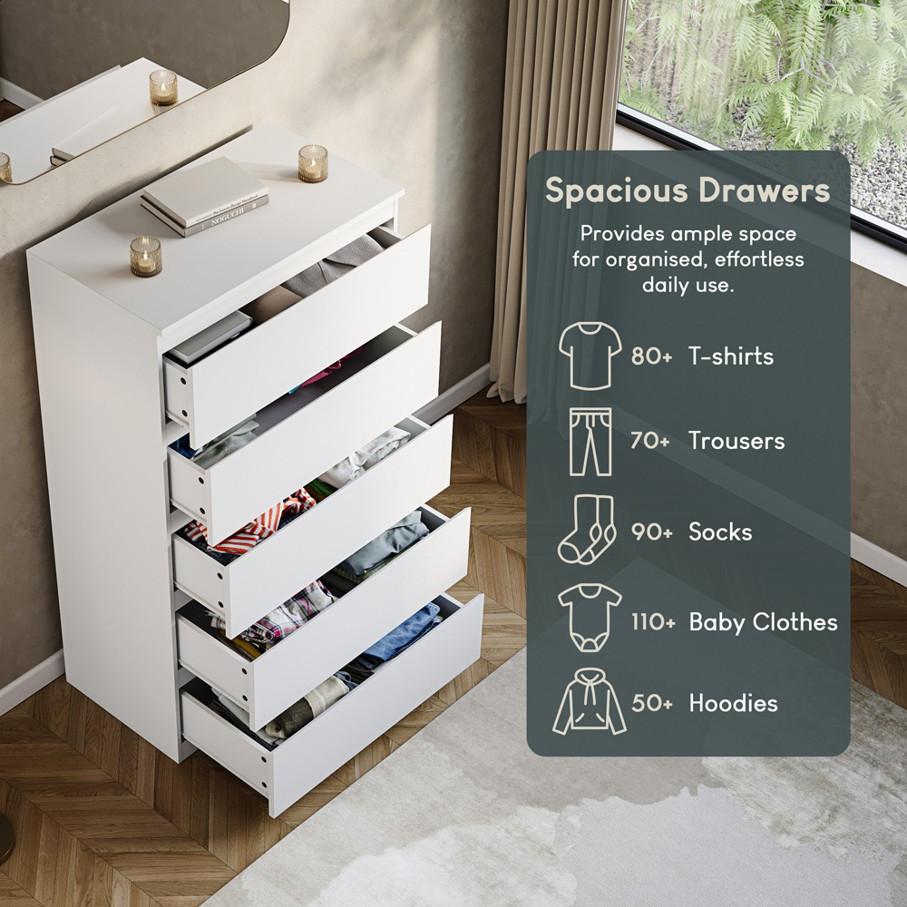 VIDA DESIGNS Denver 5 Drawer White Chest of Drawers Image 7