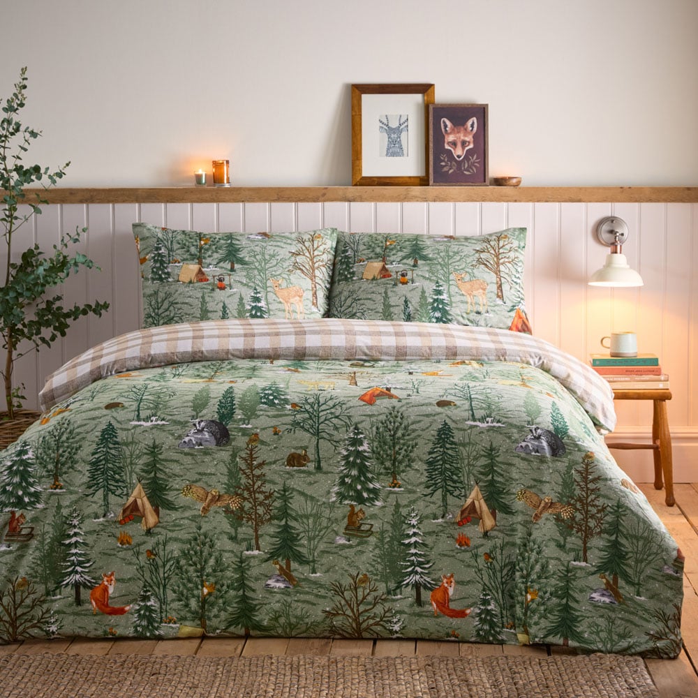 furn. Lodge Wood Double Oak Green Cotton Duvet Set Image 5
