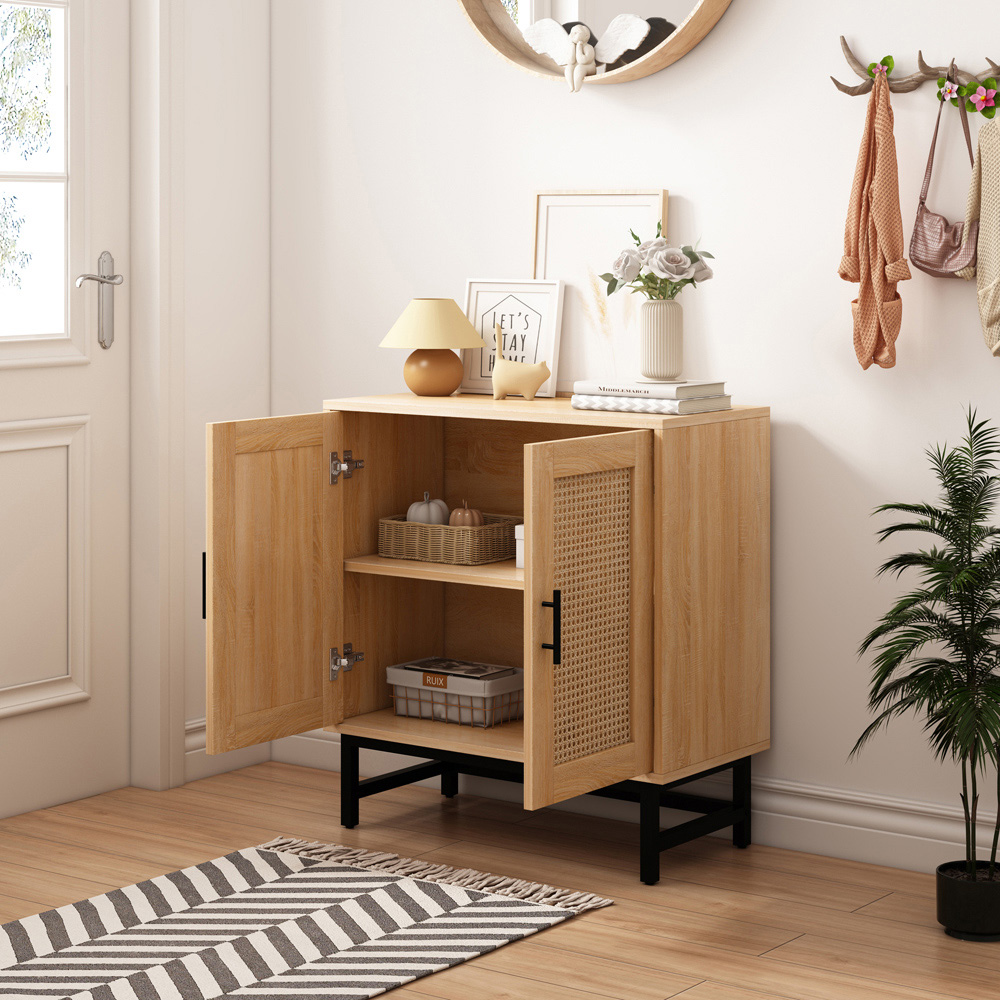 FurnitureHMD 2 Door Natural Rattan Wooden Storage Cabinet with Metal Legs Image 6