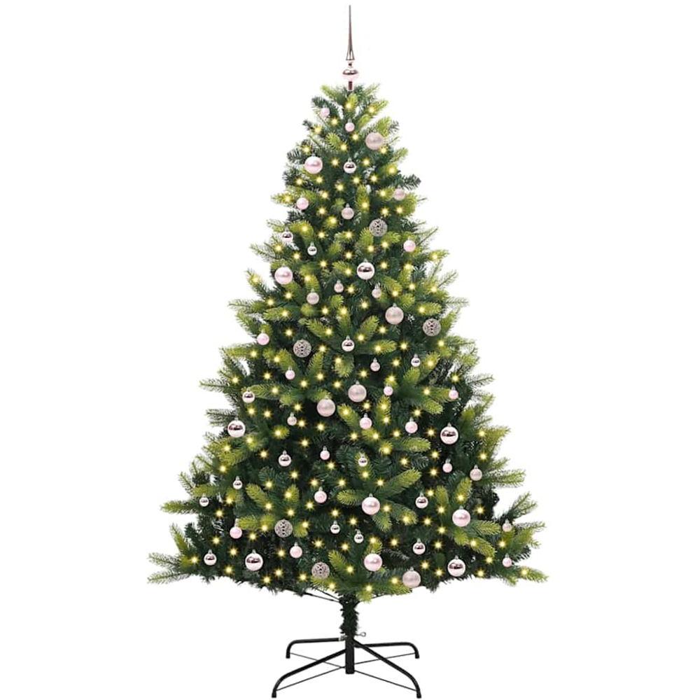 vidaXL Pre-Lit Pink Baubles Green Artificial Hinged Christmas Tree 8ft Image 1