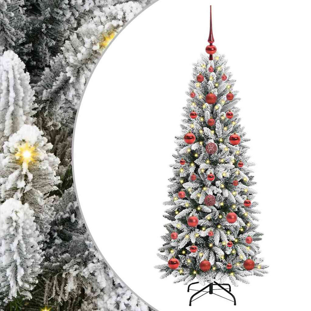 vidaXL Pre-Lit Red Baubles Artificial Snow Flocked Christmas Tree 4ft Image 2