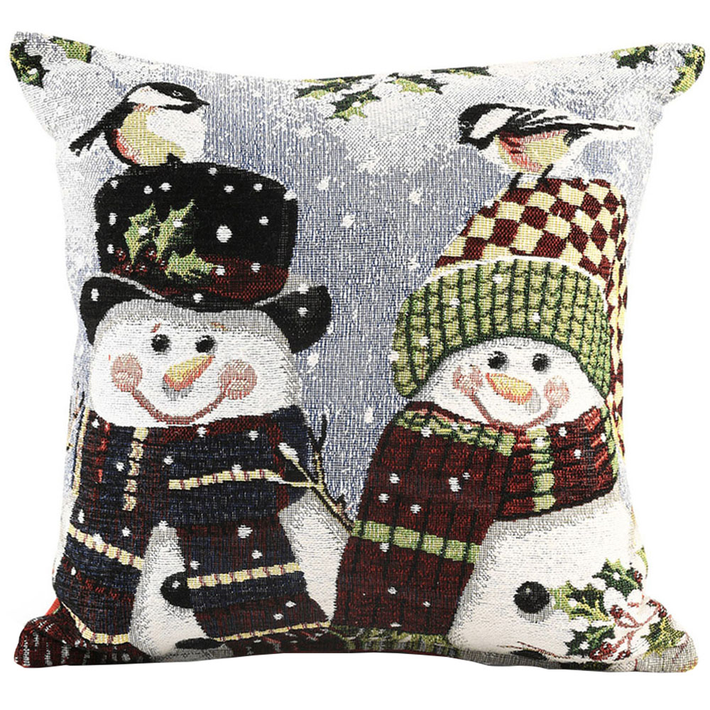 Noel Square Xmas Happy Snowmen Cotton Chenille Cushion Image 1
