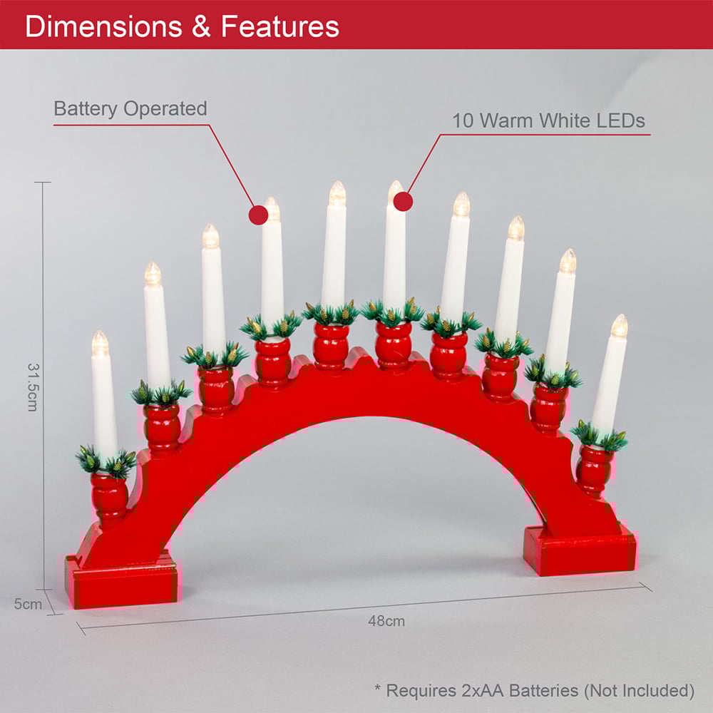 The Christmas Workshop 10 LED Red Arched Wooden Candle Bridge Light Image 6
