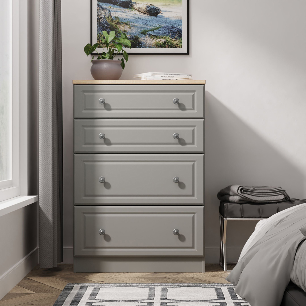 Crowndale Norfolk 4 Drawer Dusk Grey and Bardolino Oak Deep Chest of Drawers Ready Assembled Image 7