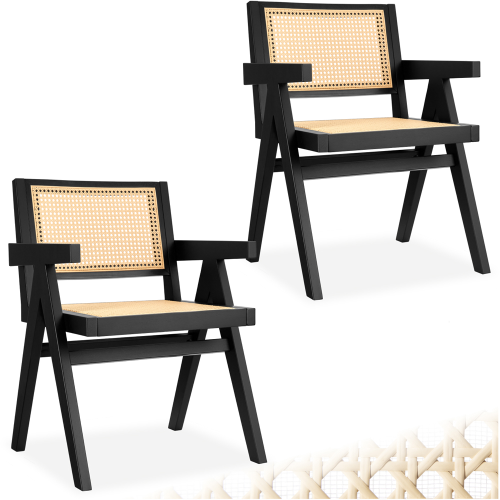 tectake Lizzy Set of 2 Black Rattan Backrest and Wood Frame Dining Chair Image 2