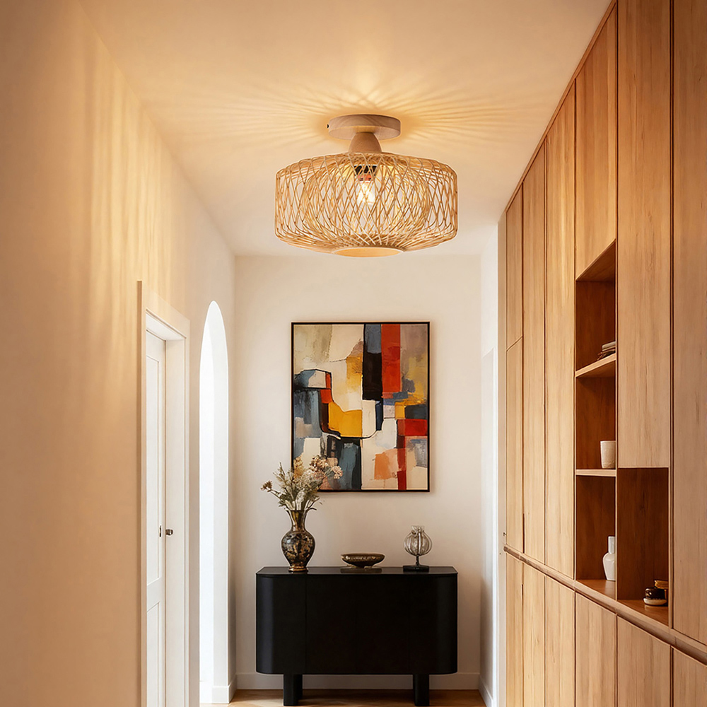 Living and Home Natural Wood and Bamboo Hardwired Lantern E27 Ceiling Light Image 2