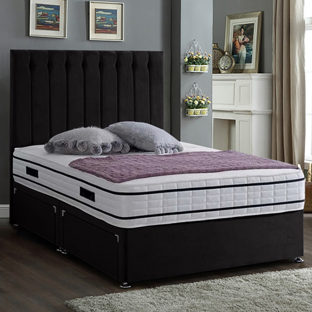 Eleganza Home Snuggler Super King Size Black Plush Velvet 2 Drawer Divan Bed with Lined Headboard Image 1