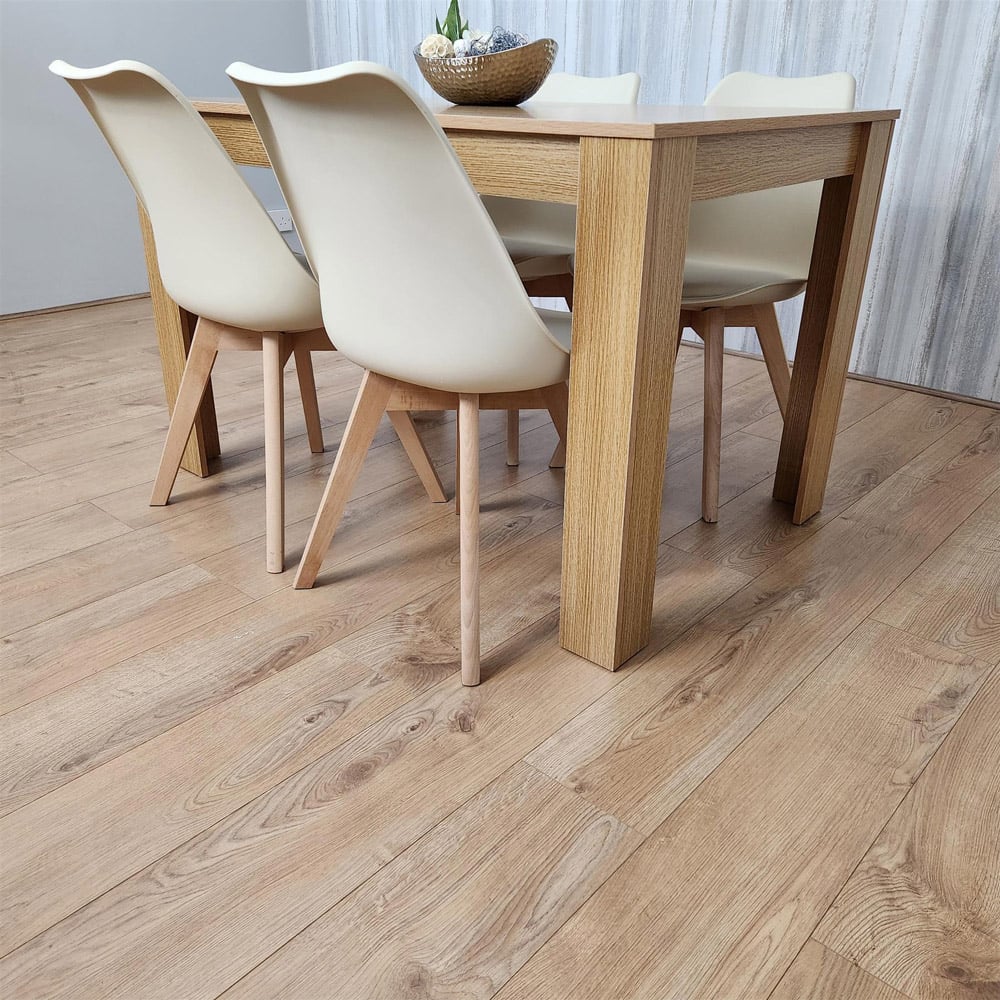 Portland 4 Seater Plastic and Leather Dining Set Oak Effect and Cream Image 6