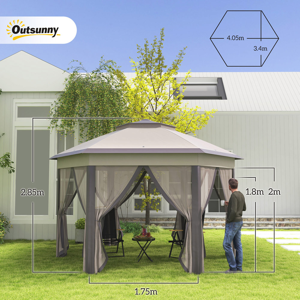 Outsunny 4 x 4m Beige Hexagon Marquee Patio Gazebo with Sides Image 8