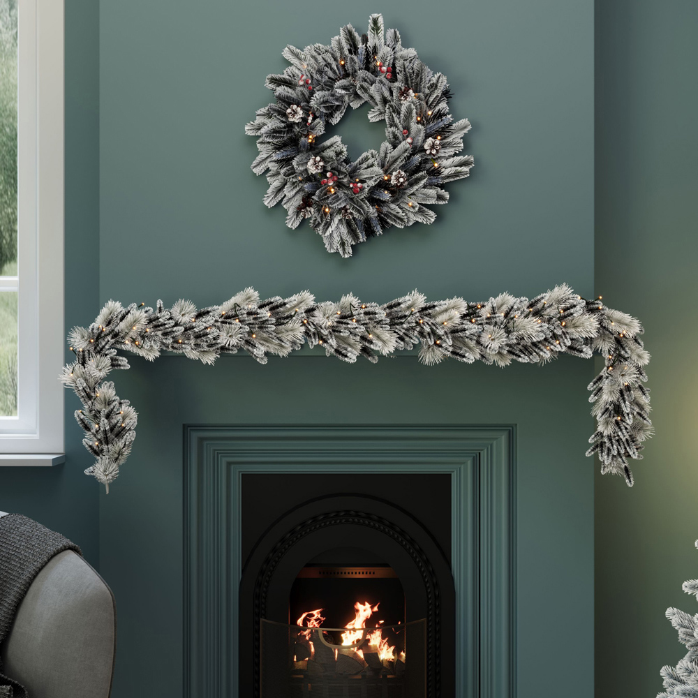 Charles Bentley Pre-Lit Snowy Christmas Garland with Red Berry and Pinecone 180cm Image 2