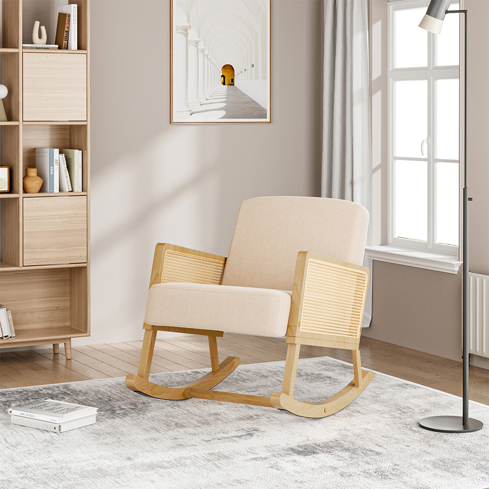 Living and Home Cream Linen Wooden Rocking Chair Image 8