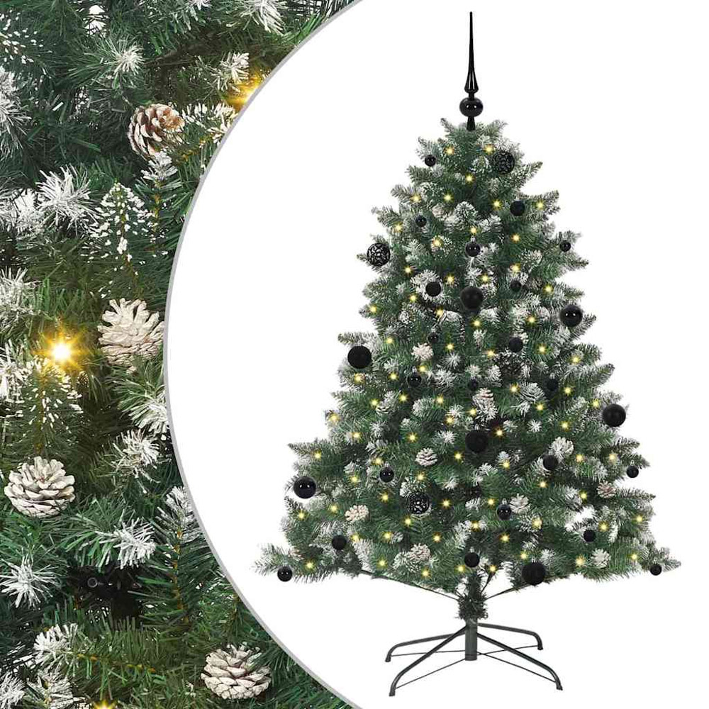 vidaXL Pre-Lit Black Baubles Green Artificial Snow Tipped Christmas Tree 5ft Image 2